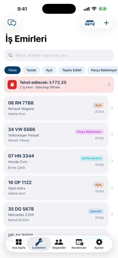 Garajiz iş emirleri listesi ve durum etiketleri