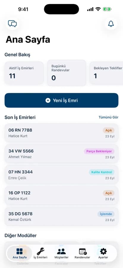 Garajiz servis ana ekranı: aktif iş emirleri, randevular ve bekleyen teklifler