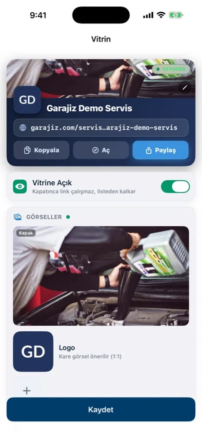 Garajiz uygulamasında vitrin yönetimi ekranı