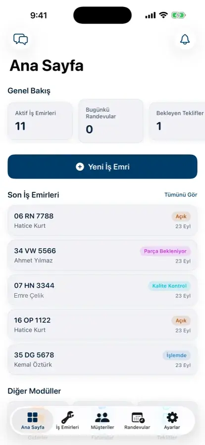 Servis ana ekranı: aktif iş emirleri, bugünkü randevular, bekleyen teklifler ve son iş emirleri