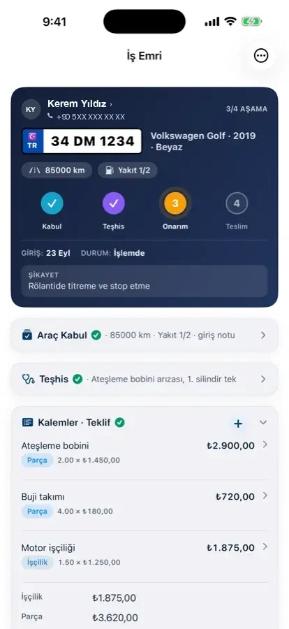 İş emri detayı: kabul (km, yakıt), teşhis ve parça-işçilik kalemleri