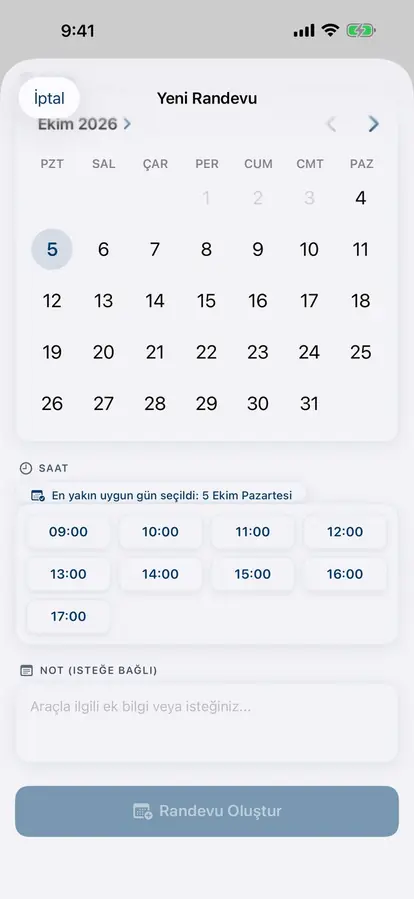Randevu oluşturma ekranı: takvim ve boş saatler