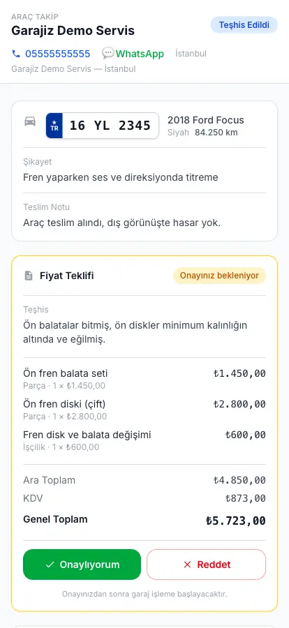 Müşterinin bulguları ve teklifi linkten onayladığı ekran